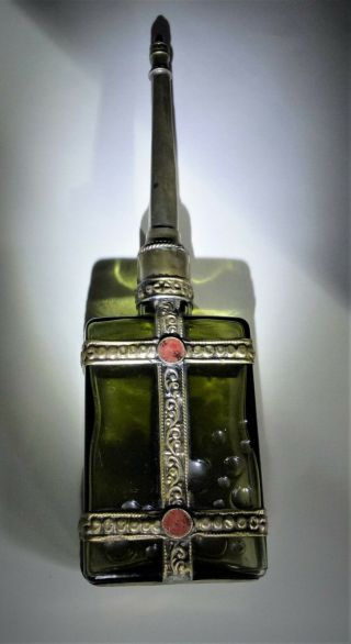 Hand Blown Moroccan Filigree Green Glass Perfume Rosewater Bottle