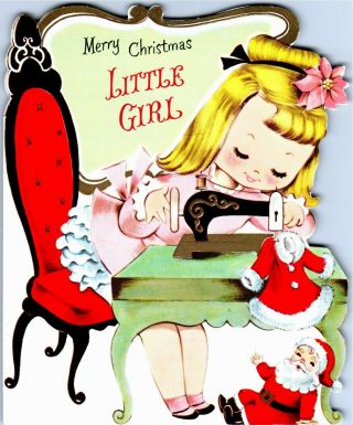 Pretty Girl Lady Sews Stitches Santa Claus Doll Baby Vtg Christmas Greeting Card