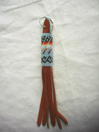 Navajo Indian Bead Work Key Chain Lt Blue Leather Metal Ring Native American