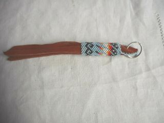 Navajo Indian Bead work Key Chain Lt Blue Leather Metal Ring Native American 2
