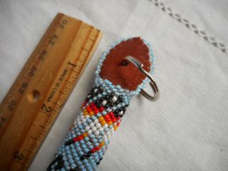 Navajo Indian Bead work Key Chain Lt Blue Leather Metal Ring Native American 4