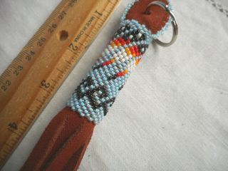 Navajo Indian Bead work Key Chain Lt Blue Leather Metal Ring Native American 5