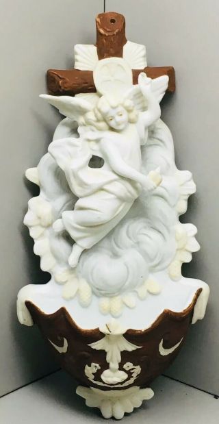 Antique Large German Bisque Religious Holy Water Font Soaring Cherub Angel