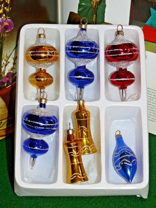 7 Vintage Antique Small Blown Glass Ornaments With Glitter - Teardrop Bell Shape
