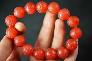 Rare Tibetan Natural Red Agate Carved Flower Dzi Bracelet Hand String J15