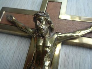 Vintage German Brass Crucifix With Wood Inlay & Classical Corpus Of Christ