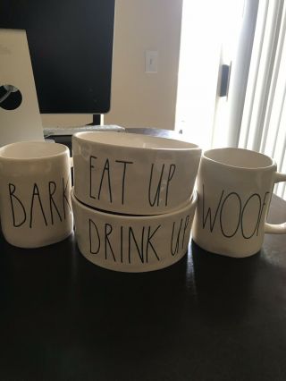 Rae Dunn Eat Up/drink Up 6 Inch Pet Bowls With Woof/bark Mug Set