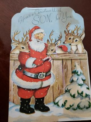 Vtg Rust Craft Christmas Greeting Card Diecut Santa Reindeer Candy Cane 50s