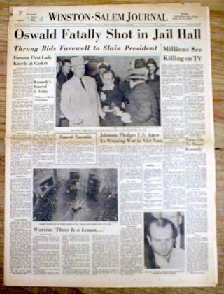 11 - 25 - 1963 Winston - Salem Nc Newspaper Jack Ruby Kills Lee Harvey Oswald Kennedy