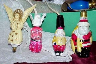 4 Vintage Figural C6 C - 9 Light Bulbs 2 Work Angel & Santa Clown Dog Milk Glass