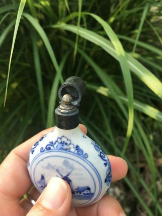 Miniature Vintage White Porcelain W/blue Seascapes Perfume Apothecary Bottle