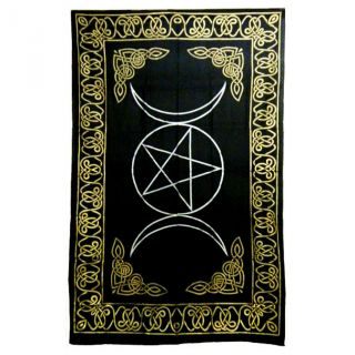 Triple Moon Pentagram Tapestry Black And Gold 72x108 " Twin Size 100 Cotton