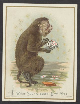 C5823 Victorian Year Card: Monkey Playing Cards