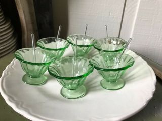 6 Vtg Green Glass Salt Cellars W/glass Spoons