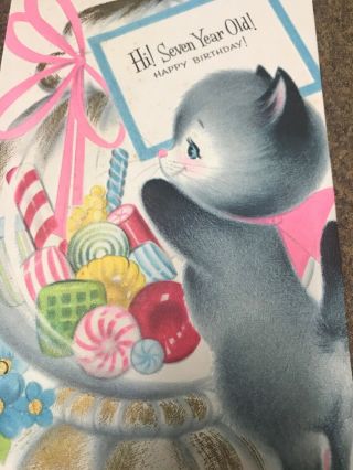 Vtg Birthday Greeting Card Kitten Cat Gray Candy Dish 7 Year Old Blue Eyes