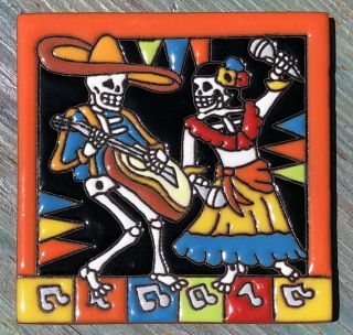 2 Talavera Pottery 4 " Tile Mexico Day Of The Dead Mexican Mariachi Dancers Man