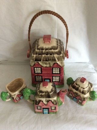 Vintage Cottage Shaped Cookie Jar & Tea Set