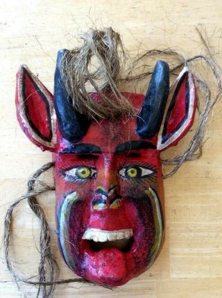Vintage Red Devil Mask Wood Hand Carved Painted Wall Art Deco Made In Mexico