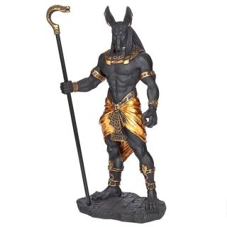 Egyptian Anubis Jackal God Of The Underworld Holding Cobra Staff Statue