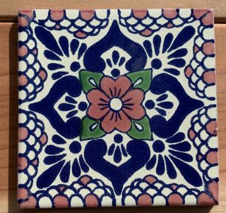 10 Talavera Mexican Pottery Tile 4 " Classic Traditional Pale Pink Poblanco Blue