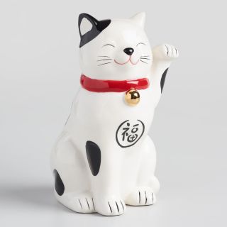 Lucky Cat Ceramic Coin Savings Bank Sculpture Figurine Beckoning Maneki Neko