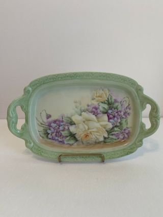 Vintage Hand Painted Signed Ceramic Floral Vanity Or Dresser Tray
