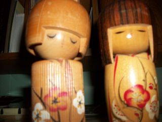 Vintage Wooden Japanese Kokeshi Doll 5 1/2 " Brown W/red White Flowers