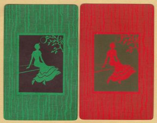2 Single Vintage Swap/playing Cards Silhouette Deco Lady Tree,  Moon Green/red
