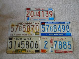 5 Different Indiana Vintage License Plates.  Look