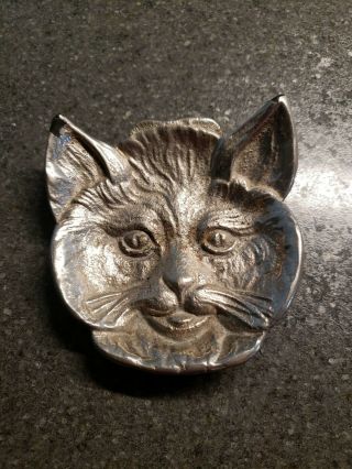 Vintage Silver Cast Metal Cat Face Ashtray