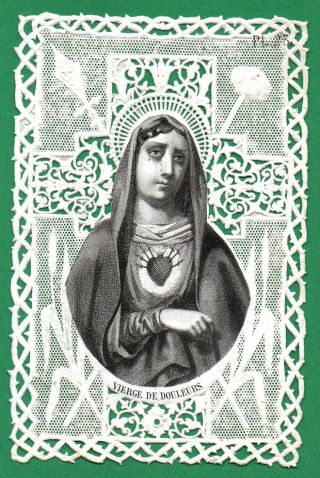 Our Lady Of Sorrows - Cross,  Spear,  Sponge In Lace Antiq 19th Lace Holy Card