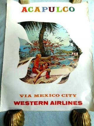 C 1960s Western Airlines Acapulco Mexico City Angel Fish Illustration Poster