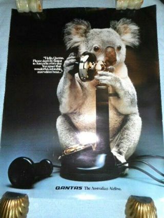 C 1970s Vintage Qantas Airline Poster Koala Bear Telephone Australia