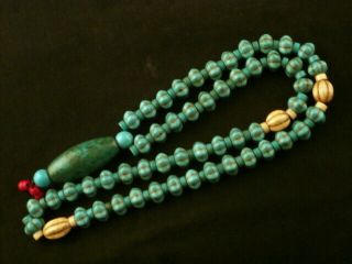 24 " Special Tibetan Turquoise Carved Beads Necklace W/large Bead Pendant Zaa003