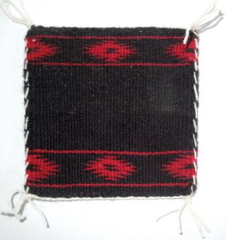 Navajo Miniature Rug 3.  9 X 3.  9 Inch Weaving Black With Red Diamond Bands