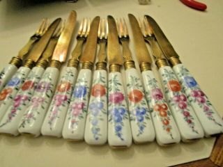 Vintage Made In France Porcelain Brass Floral Design 6 In 6 Forks And 6 Knifes