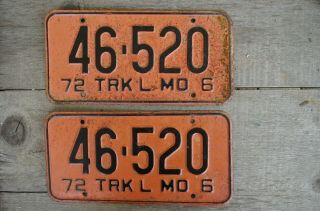 Vintage Farm Vehicle Missouri License Plate 1972 Set Of Two Metal Orange