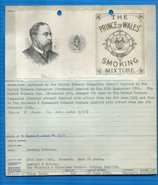 Empty Cigarette Tobacco Packet Registration Certificate 1901 Southern Rhodesia