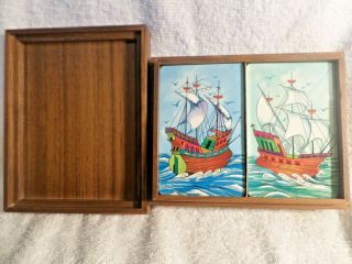Vintage Hoyle Classic Playing Cards In Wood Case Two Sailboat Decks