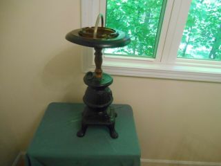 Vtg Crown Creative Cast Metal Pot Belly Stove Glass Ashtray Smoking Stand