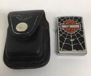 Vintage Harley Davidson Spiderweb Zippo Lighter & Leather Pouch Set