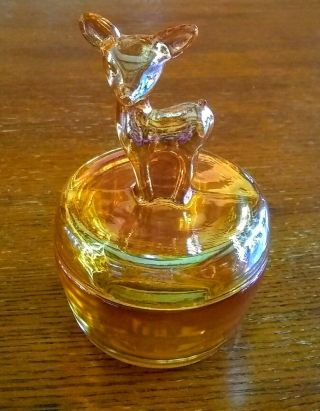 Vintage Carnival Glass Jeanette Deer Fawn Powder Jar Marigold Trinket Box