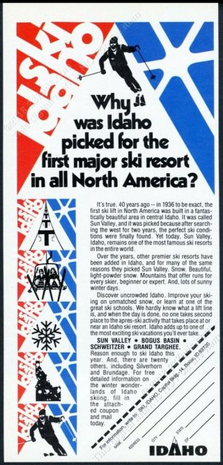 1975 Sun Valley Bogus Basin Schweitzer Grand Targhee Ski Area Vintage Print Ad