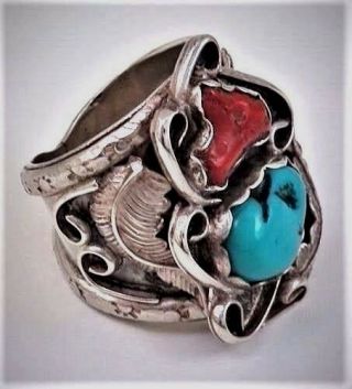 Carson Blackgoat Sterling Silver Turquoise & Coral Appliqué Ring - Sz 9.  5 - - 21gr