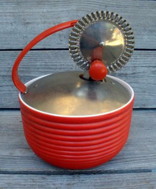 Vintage Androck Egg Beater Whipper Metal Red Glass Bowl Cooking Tool Utensil
