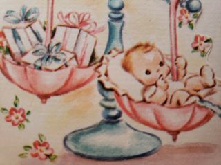 Vtg Rust Craft Greeting Card Baby Shower Scale Gifts Unsigned M.  Cooper 50s