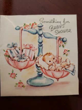 Vtg Rust Craft Greeting Card Baby Shower scale gifts unsigned M.  Cooper 50s 2