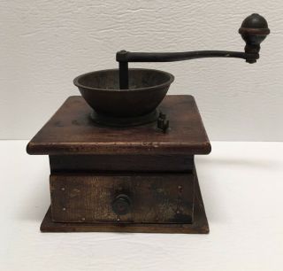 Antique Coffee Grinder Cast Iron And Dovetailed Wooden Base Adjustable