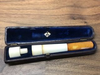 Cased Antique Bbb Meerschaum & Amber Cigar / Cheroot Holder