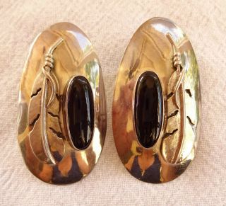 Signed Huge Oval Vintage Navajo Sterling Silver & Black Jet Earrings Pierced